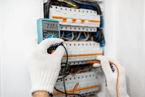 close up of a Los Angeles County electrician wearing white protective gloves testing an electrical panel with a voltmeter electrical testing tool